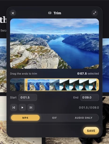 The Trim window: the video, a filmstrip with the part to keep selected, start and end times, and MP4, GIF or Audio only