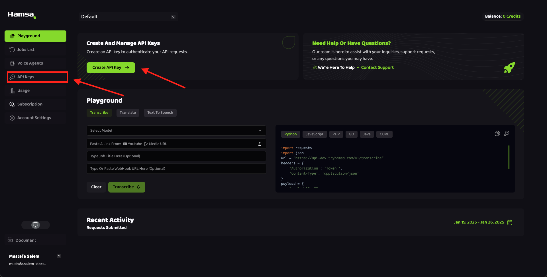 Create API key from dashboard page