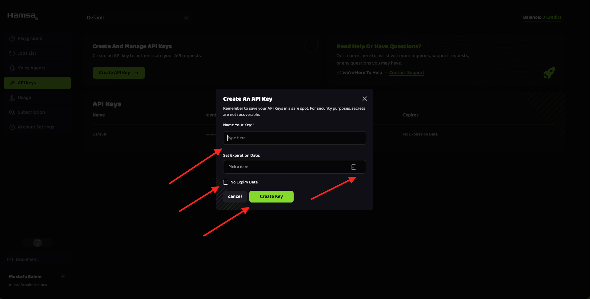 Create API key pop up