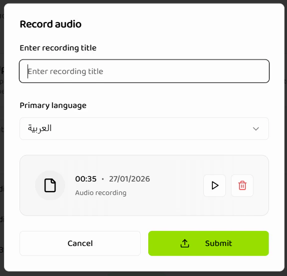 Review recording interface with playback, delete options, and job details