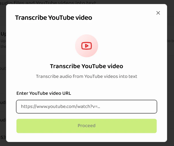 Transcribe YouTube video modal