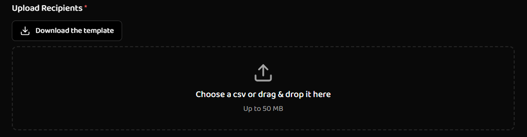 CSV upload interface showing Upload CSV button or drag-and-drop area, file upload zone with instructions, and Download Template link