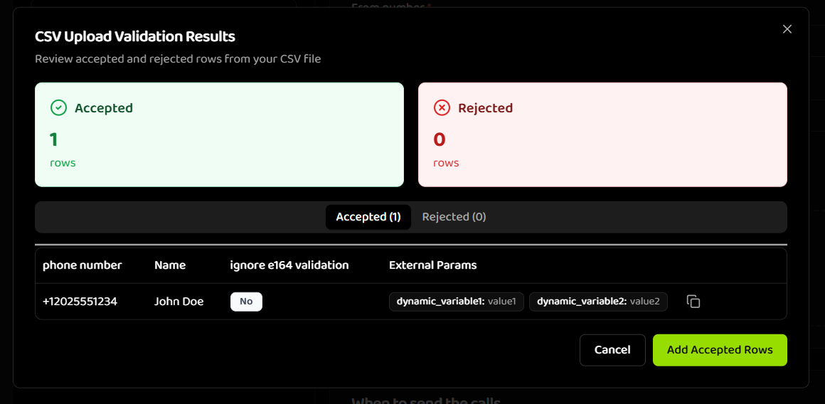 CSV validation results dialog showing accepted rows section with count, rejected rows section with count, tables showing phone numbers and error messages, Edit buttons, and action buttons