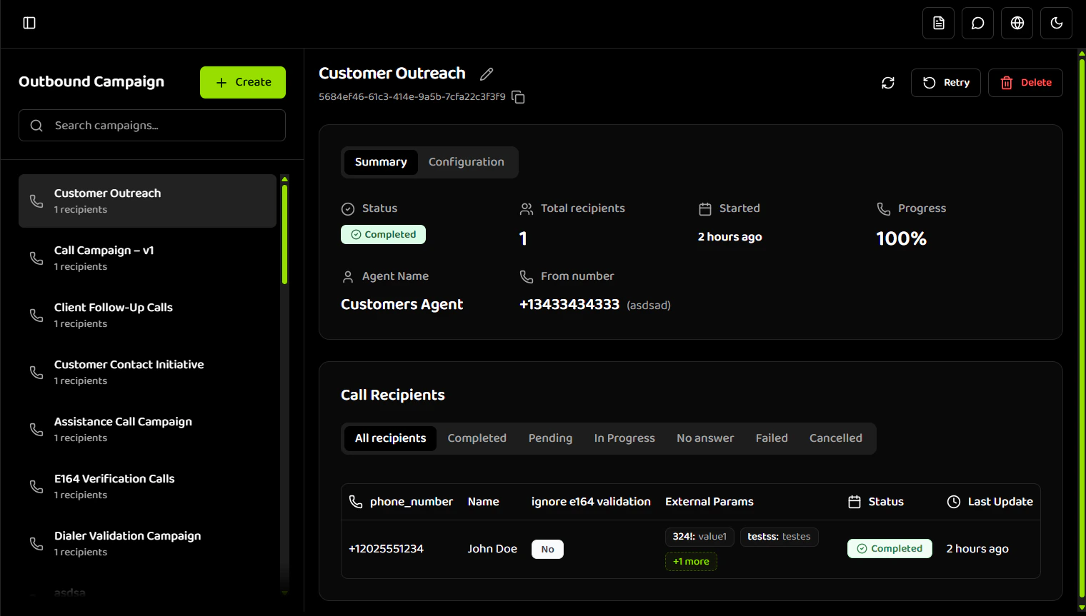 Batch Calls overview showing batch call list table with columns for Batch Call Name, Total Recipients, and Status, multiple batch calls with different statuses, Create button, and search bar