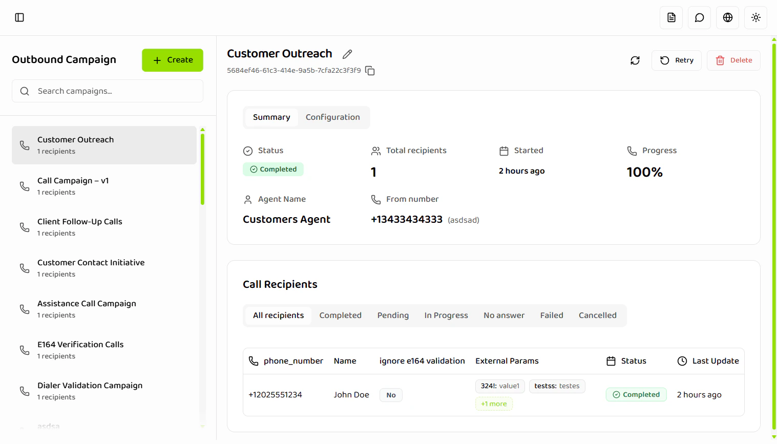Batch Calls overview showing batch call list table with columns for Batch Call Name, Total Recipients, and Status, multiple batch calls with different statuses, Create button, and search bar
