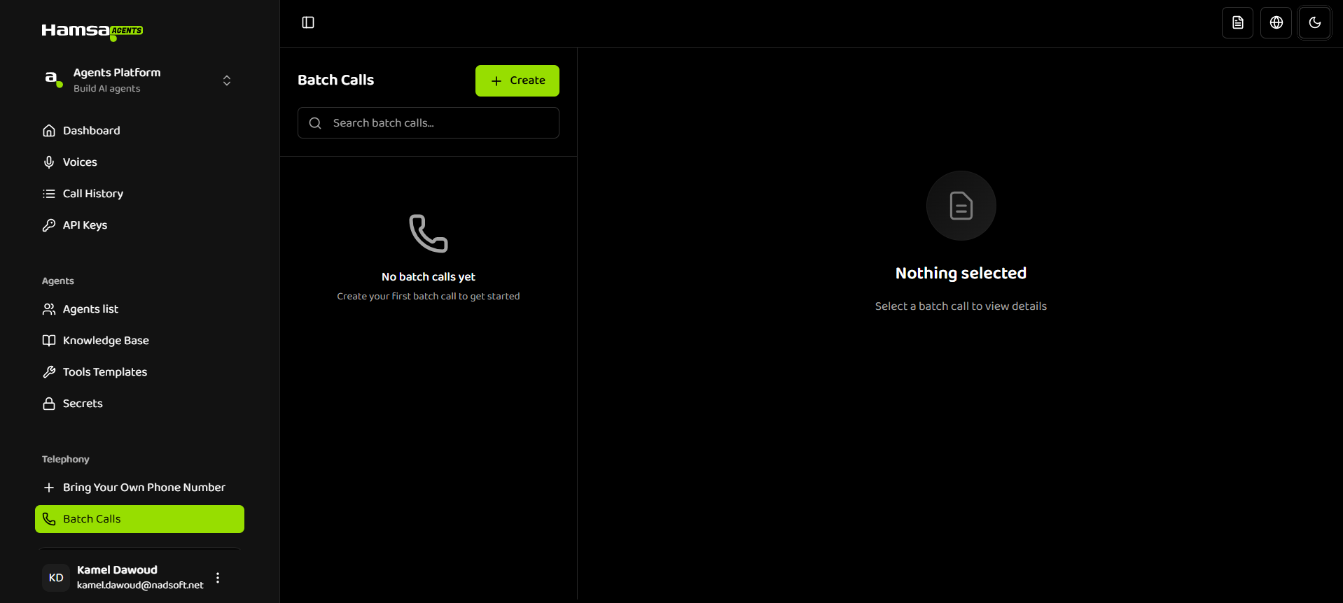 Batch Calls page overview showing empty state or list of batch calls with Create button prominently displayed