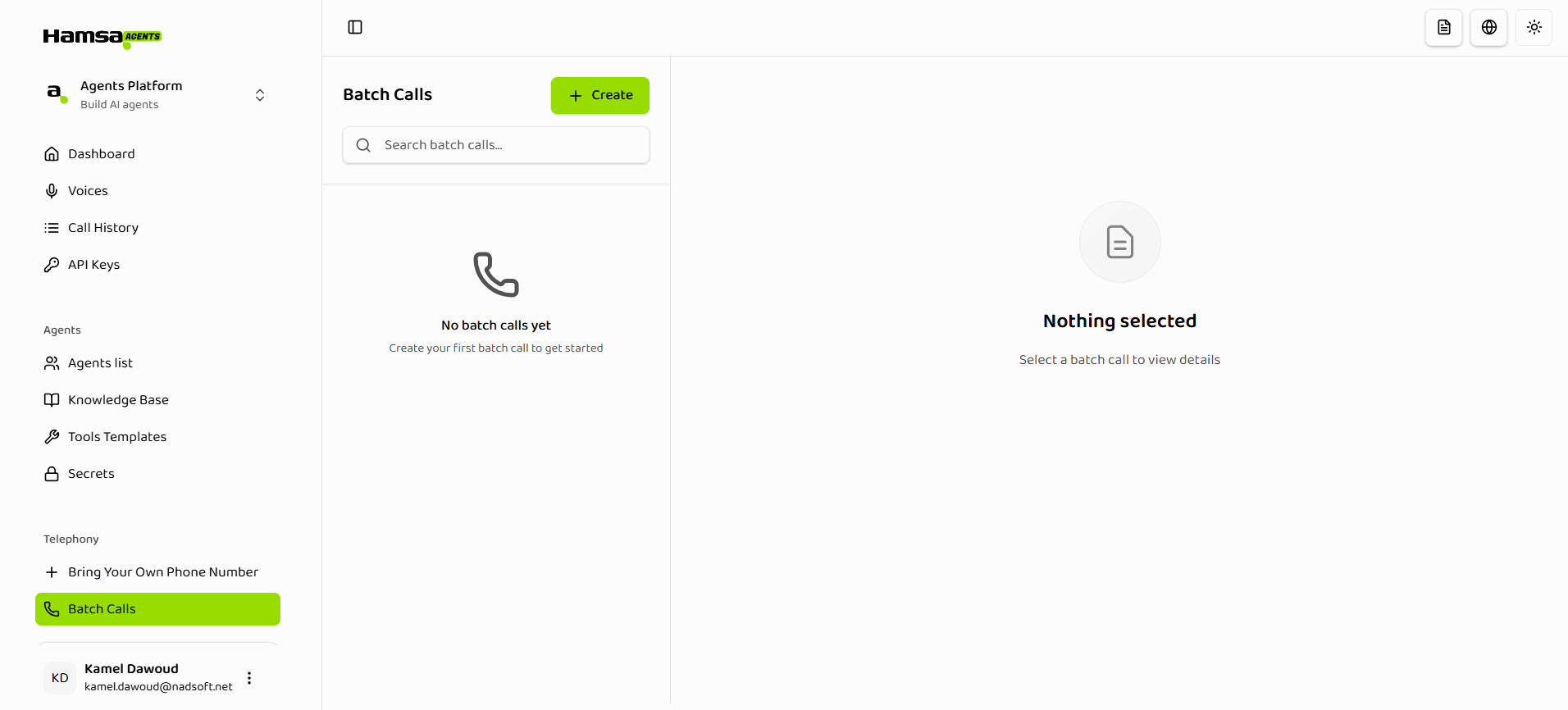 Batch Calls page overview showing empty state or list of batch calls with Create button prominently displayed