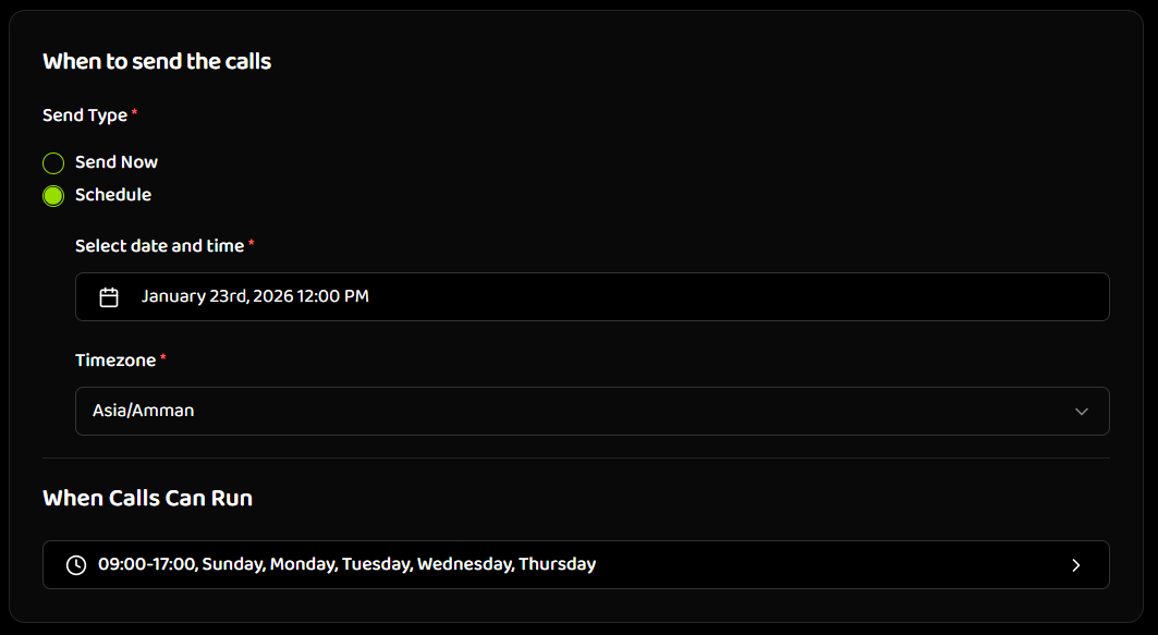 Schedule configuration with Schedule selected showing radio buttons, date and time picker, timezone selector, and When Calls Can Run section