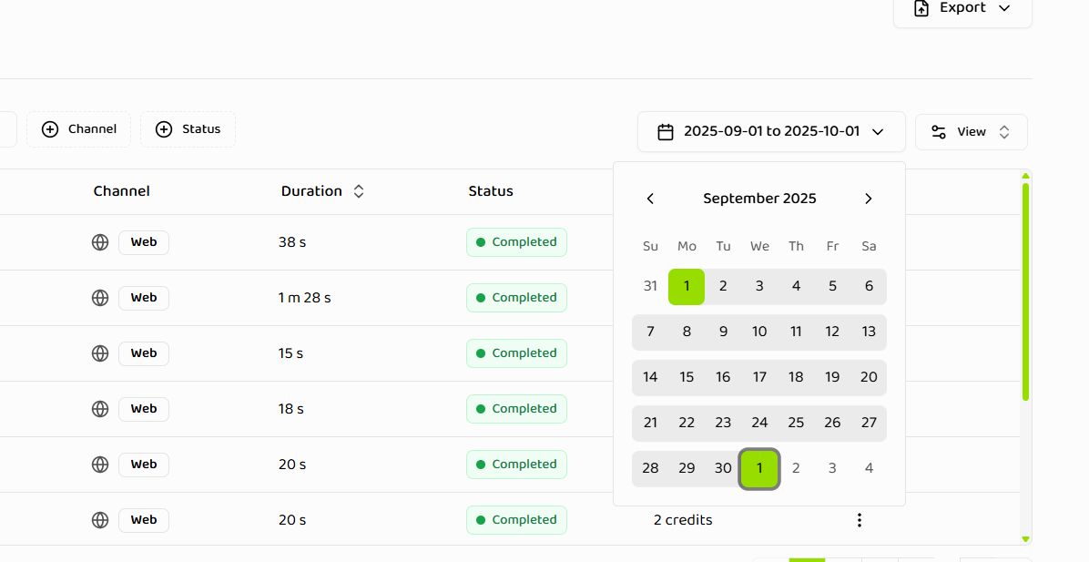 Date range picker showing calendar popup with two-month view, preset options, selected date range highlighted, start and end date selection, and Done button
