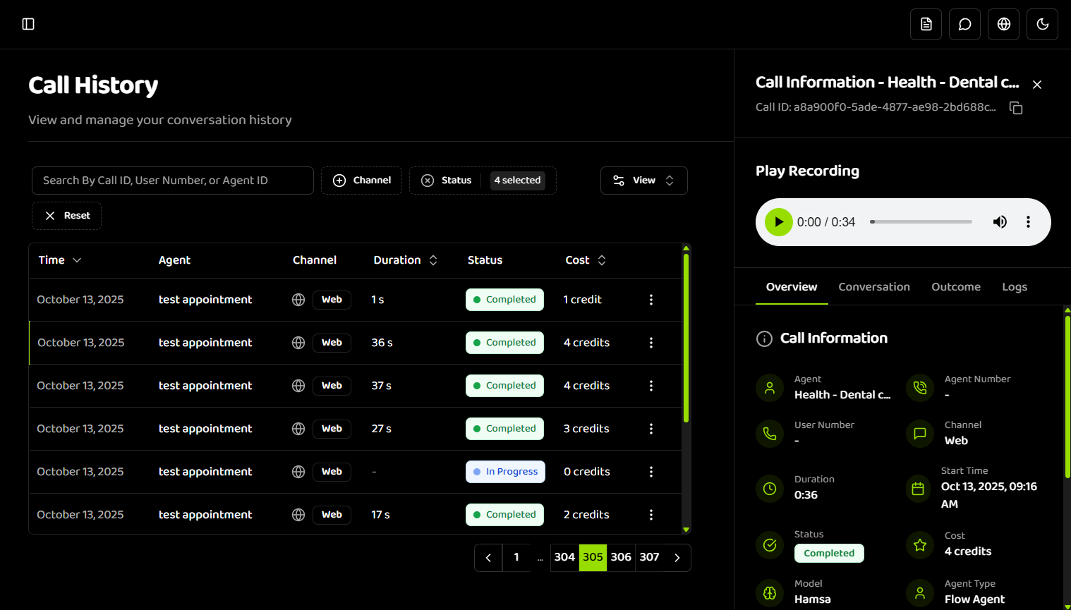 Call details drawer open showing side panel with Overview tab active, Call ID with copy button, Monitor The Call section with Start Live Monitoring button, Call Information section with metadata, and all four tabs visible
