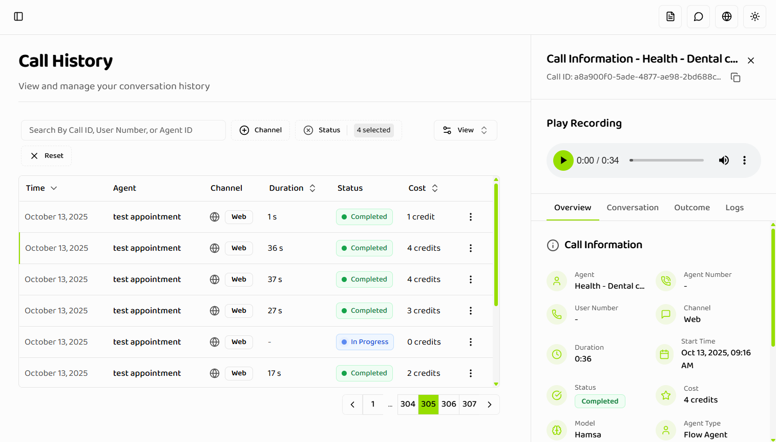 Call details drawer open showing side panel with Overview tab active, Call ID with copy button, Monitor The Call section with Start Live Monitoring button, Call Information section with metadata, and all four tabs visible