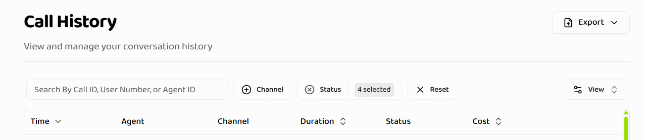 Filter controls showing date range picker with presets, status filter with checkboxes showing X selected, channel filter button, active filter indicators, and reset button