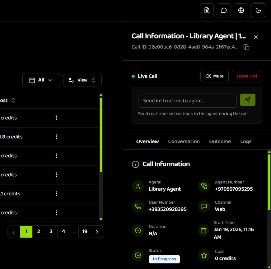Call details drawer showing Monitor The Call section after joining with Live Call indicator with green dot, audio controls (Mute and Leave Call buttons), Send instruction to agent input field with helper text and send button