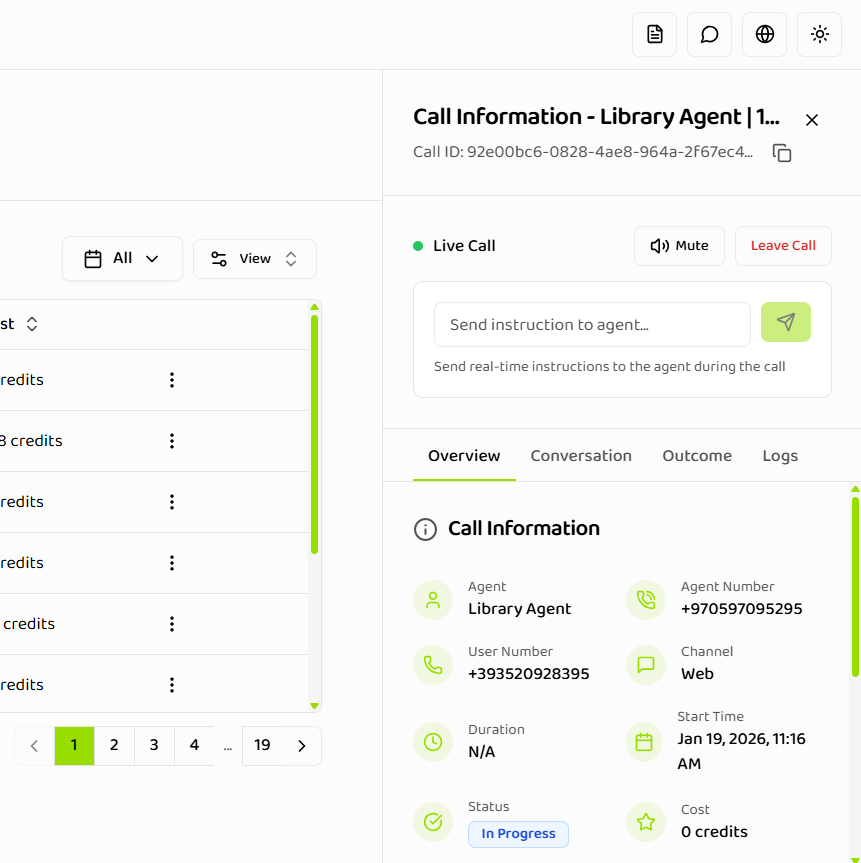 Call details drawer showing Monitor The Call section after joining with Live Call indicator with green dot, audio controls (Mute and Leave Call buttons), Send instruction to agent input field with helper text and send button