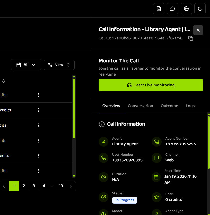 Call details drawer showing Monitor The Call section before joining with section header, description text, large green Start Live Monitoring button with headphone icon, and Overview tab visible