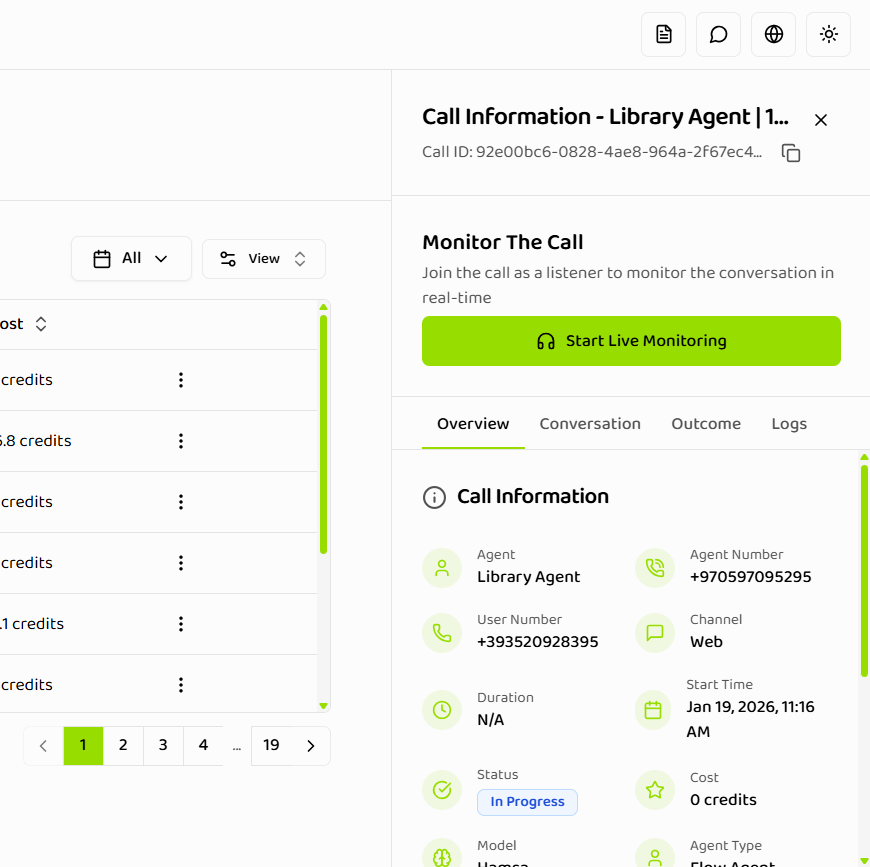 Call details drawer showing Monitor The Call section before joining with section header, description text, large green Start Live Monitoring button with headphone icon, and Overview tab visible