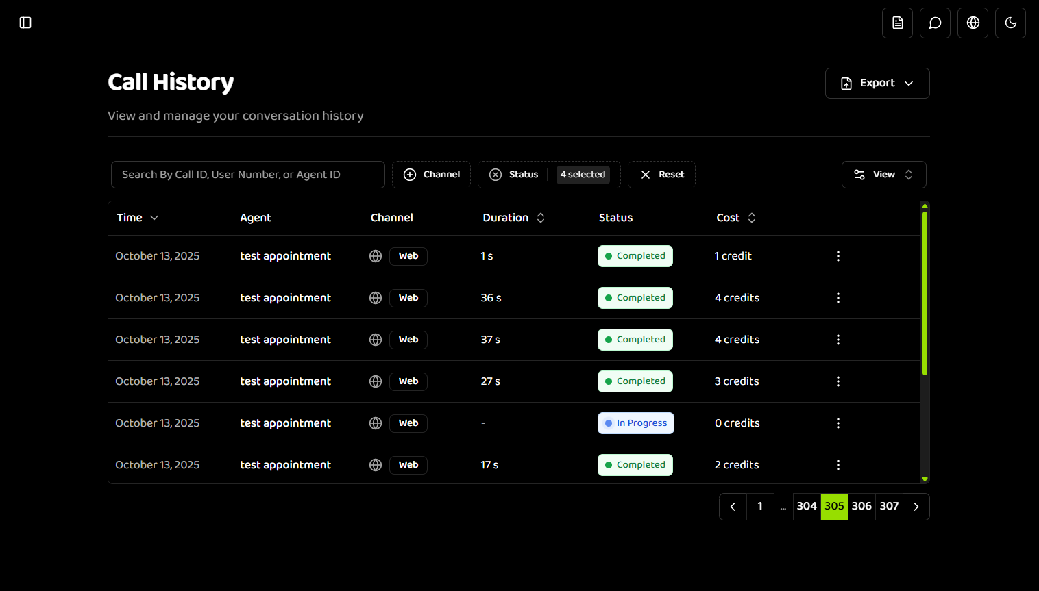 Call History overview showing table with columns for Time, Agent, Channel, Duration, Status, and Cost, with multiple call rows displaying different statuses, search bar, and filter controls
