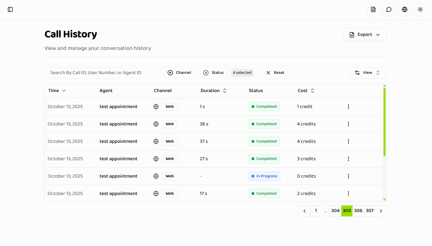 Call History overview showing table with columns for Time, Agent, Channel, Duration, Status, and Cost, with multiple call rows displaying different statuses, search bar, and filter controls