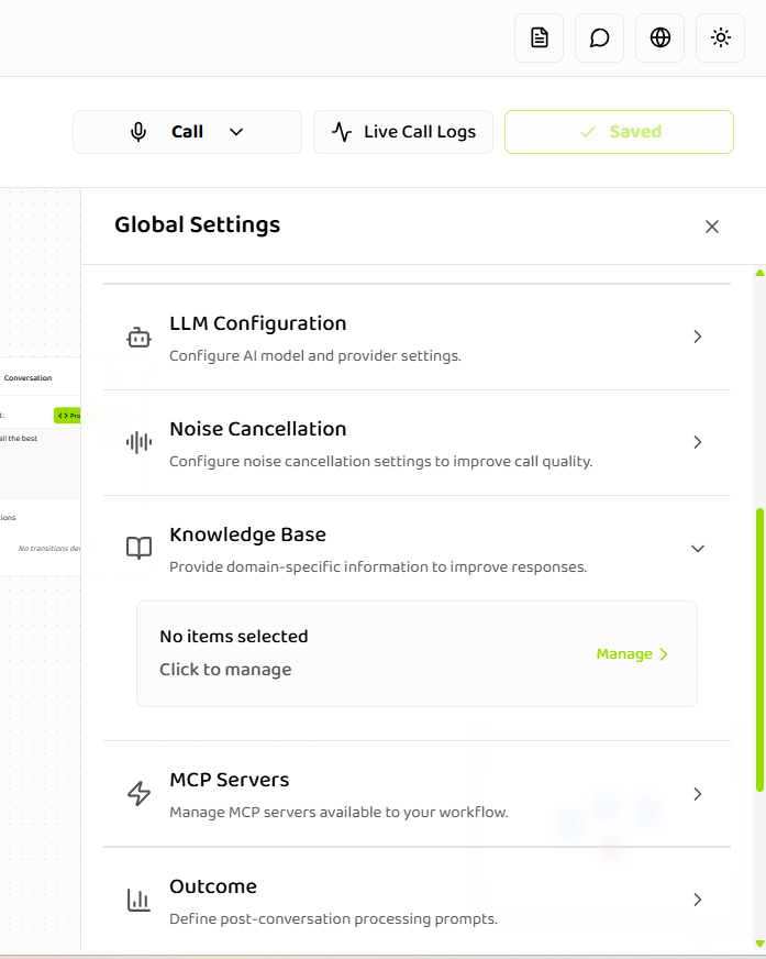 Global Settings panel showing Knowledge Base section with Manage button
