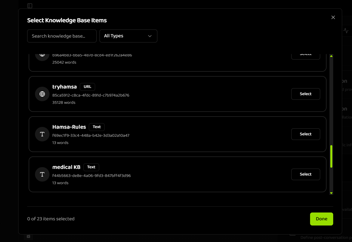 Select Knowledge Base Items modal showing search bar, item list with types and word counts, and selection buttons