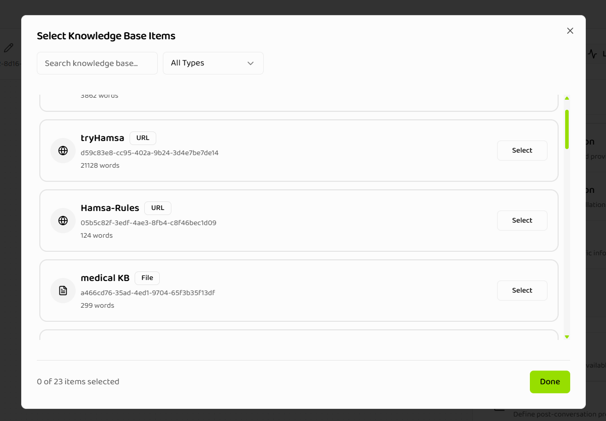 Select Knowledge Base Items modal showing search bar, item list with types and word counts, and selection buttons