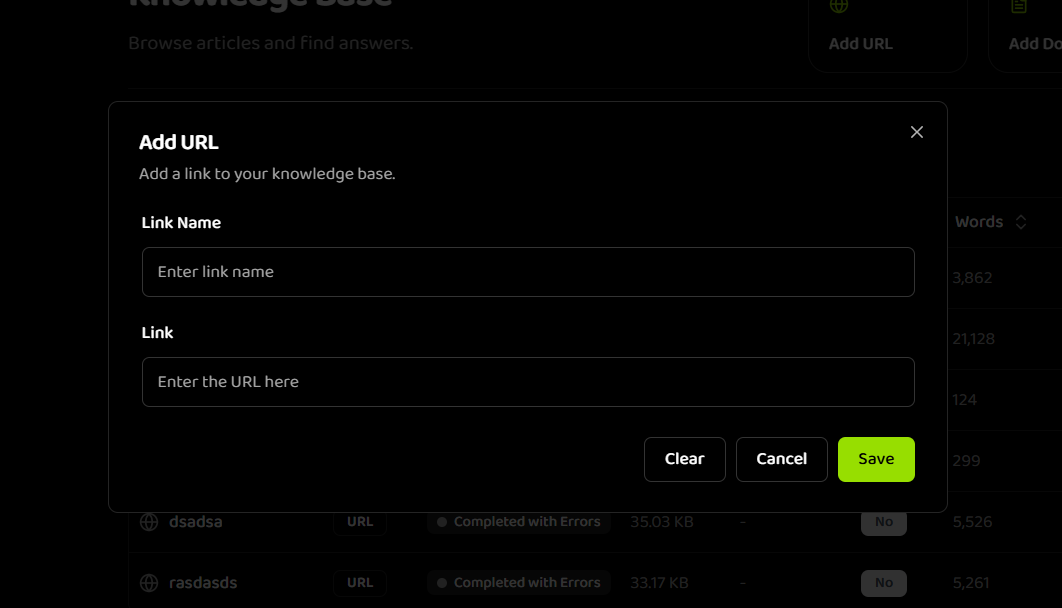 URL creation form showing name and URL input fields