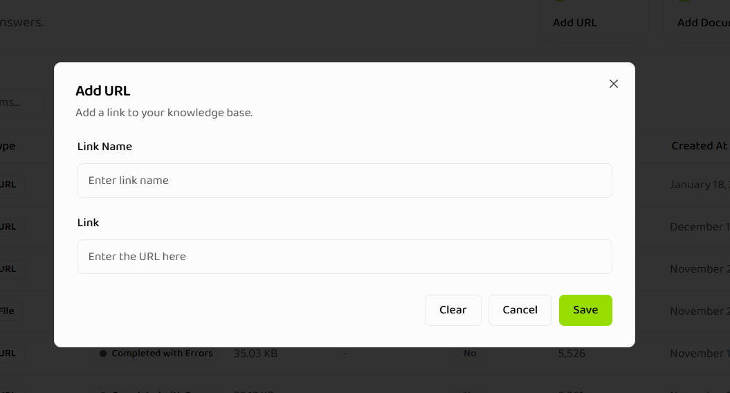 URL creation form showing name and URL input fields