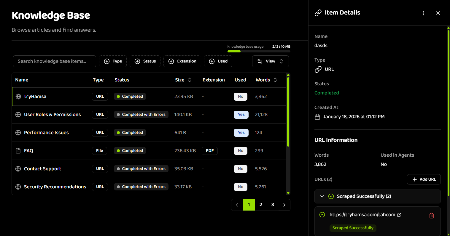 Knowledge Base item details drawer showing item information and content