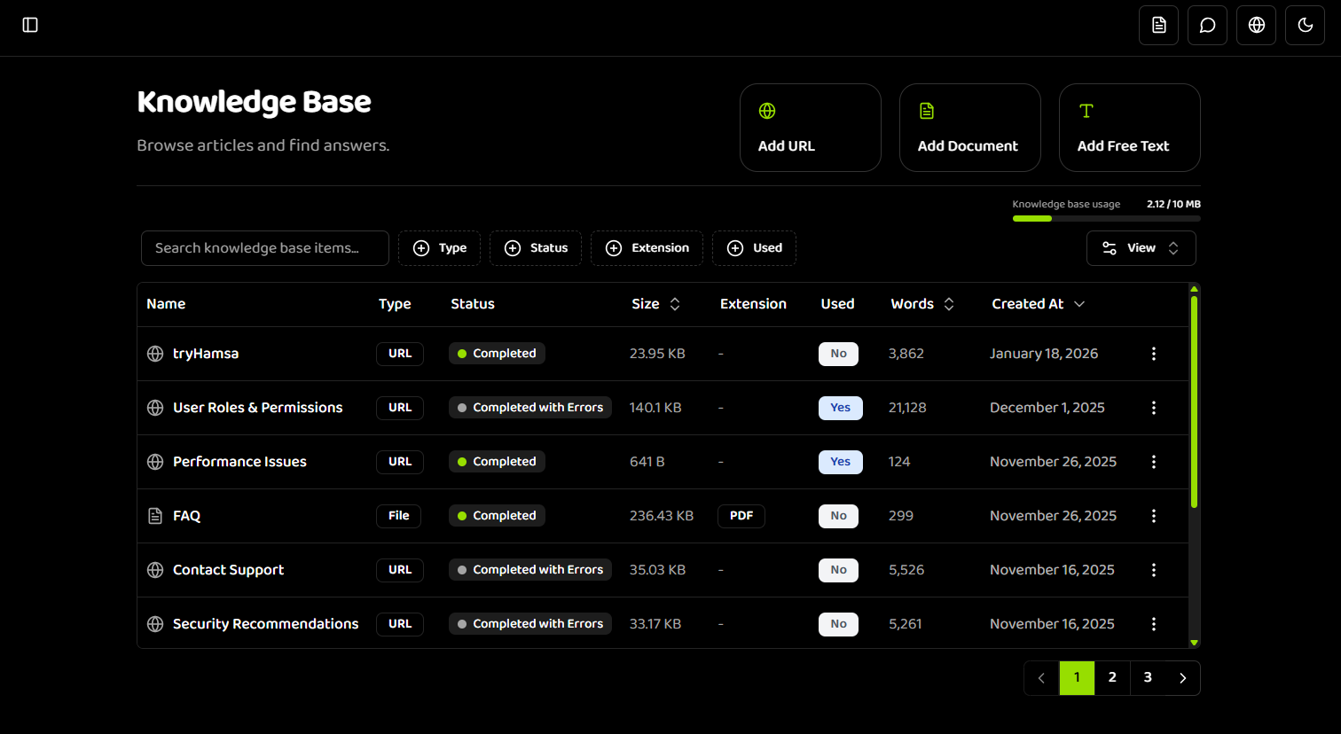 Knowledge Base list view showing table with items, filters, and search