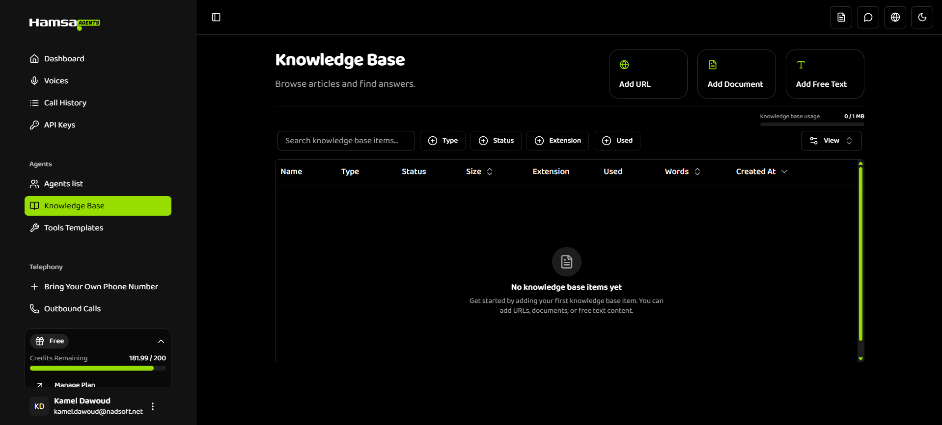 Knowledge Base overview showing list of items with different types and statuses