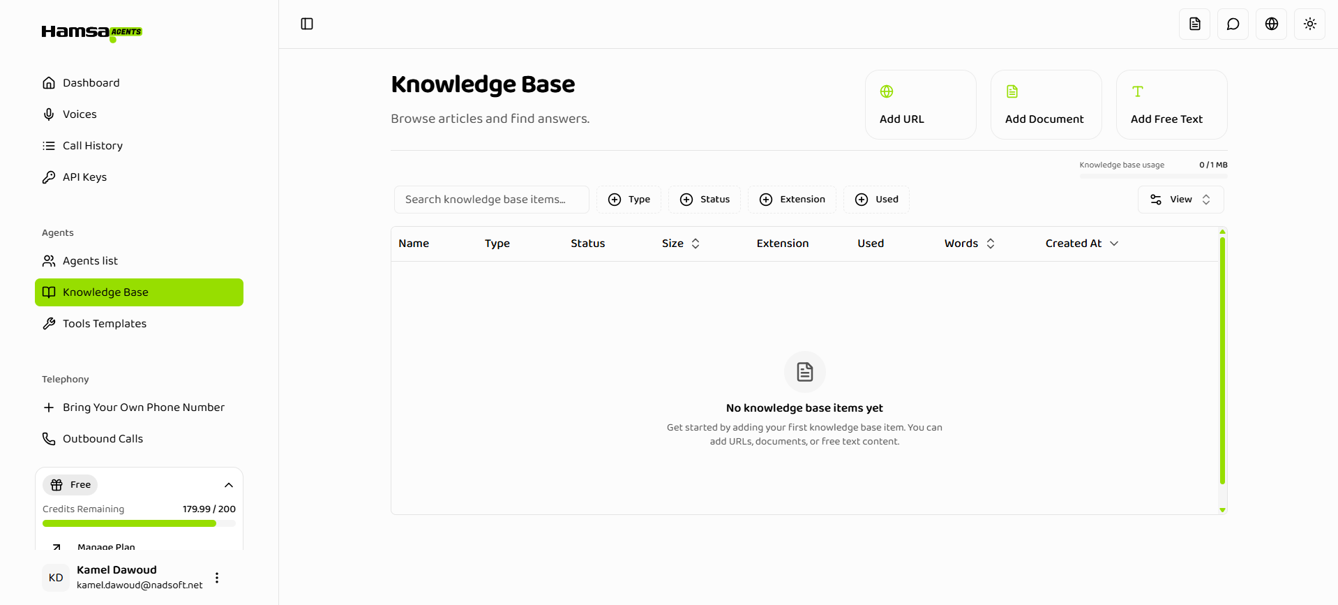 Knowledge Base overview showing list of items with different types and statuses