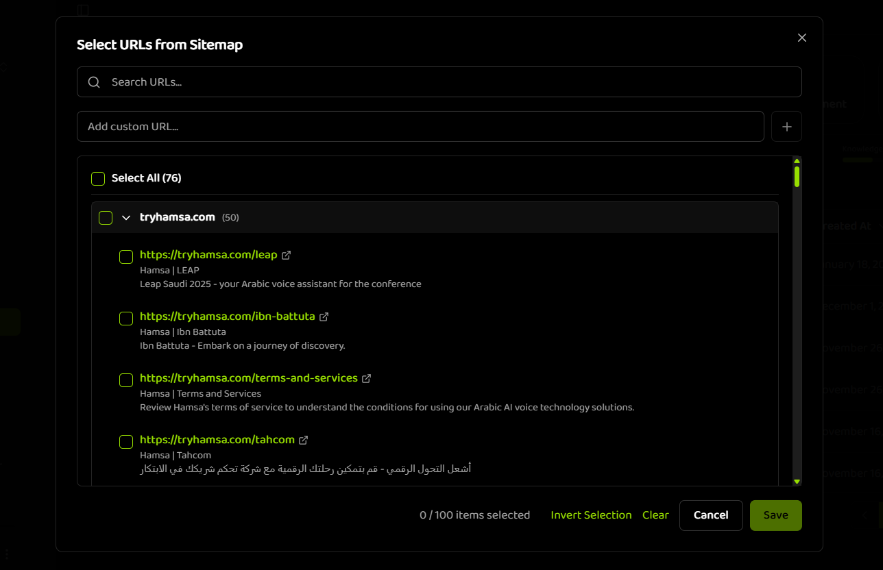 Select URLs from Sitemap modal showing URL list, search bar, selection checkboxes, and action buttons