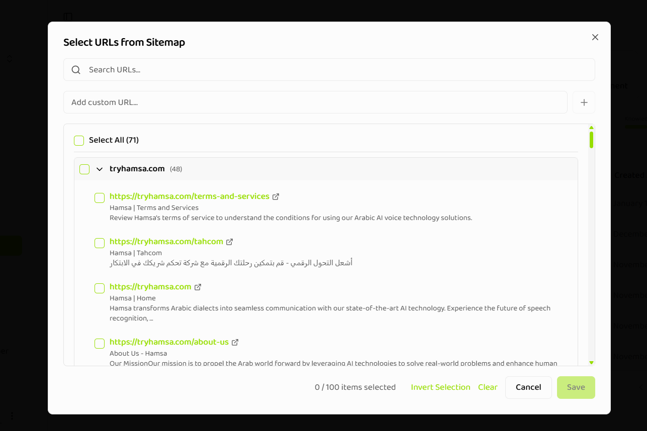 Select URLs from Sitemap modal showing URL list, search bar, selection checkboxes, and action buttons