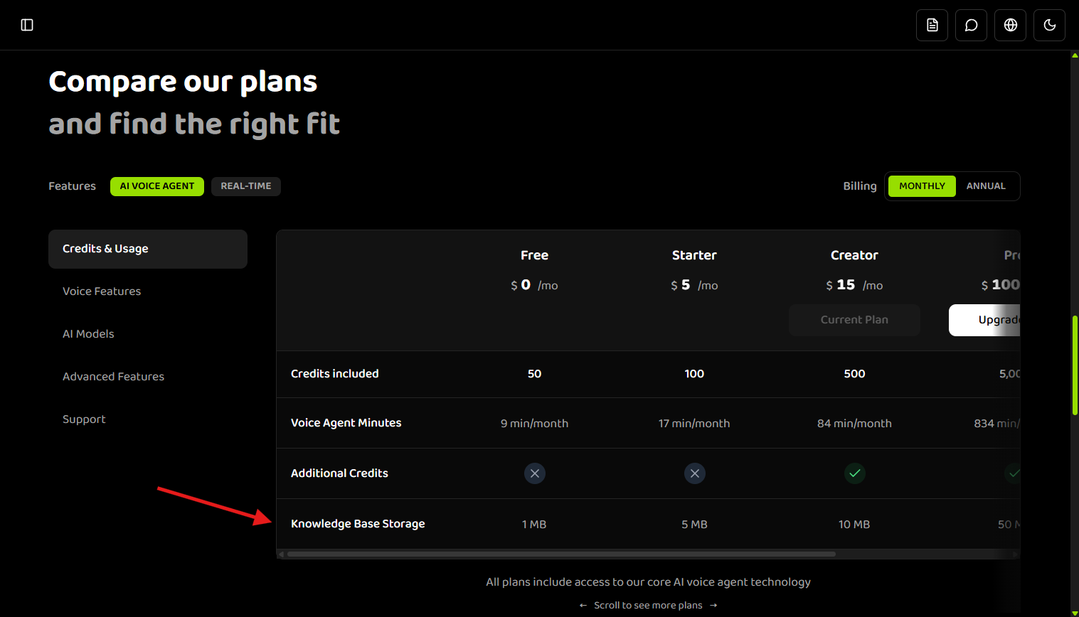 Storage limits table showing plan tiers and their corresponding storage limits