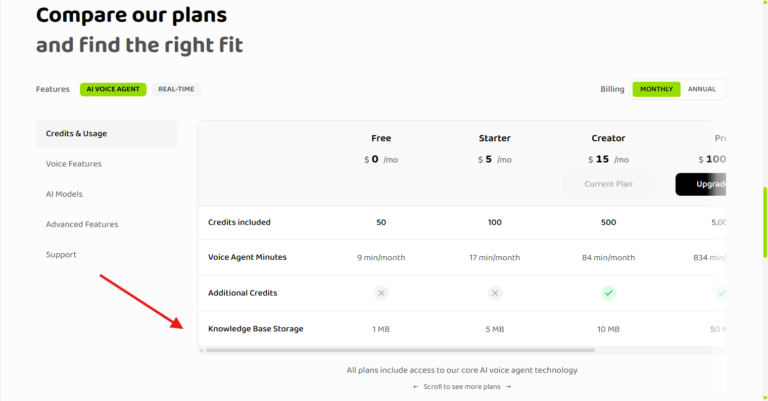 Storage limits table showing plan tiers and their corresponding storage limits