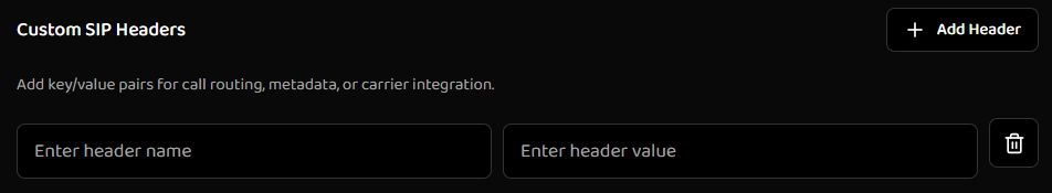 Custom SIP Headers section with Add Header button and key/value inputs