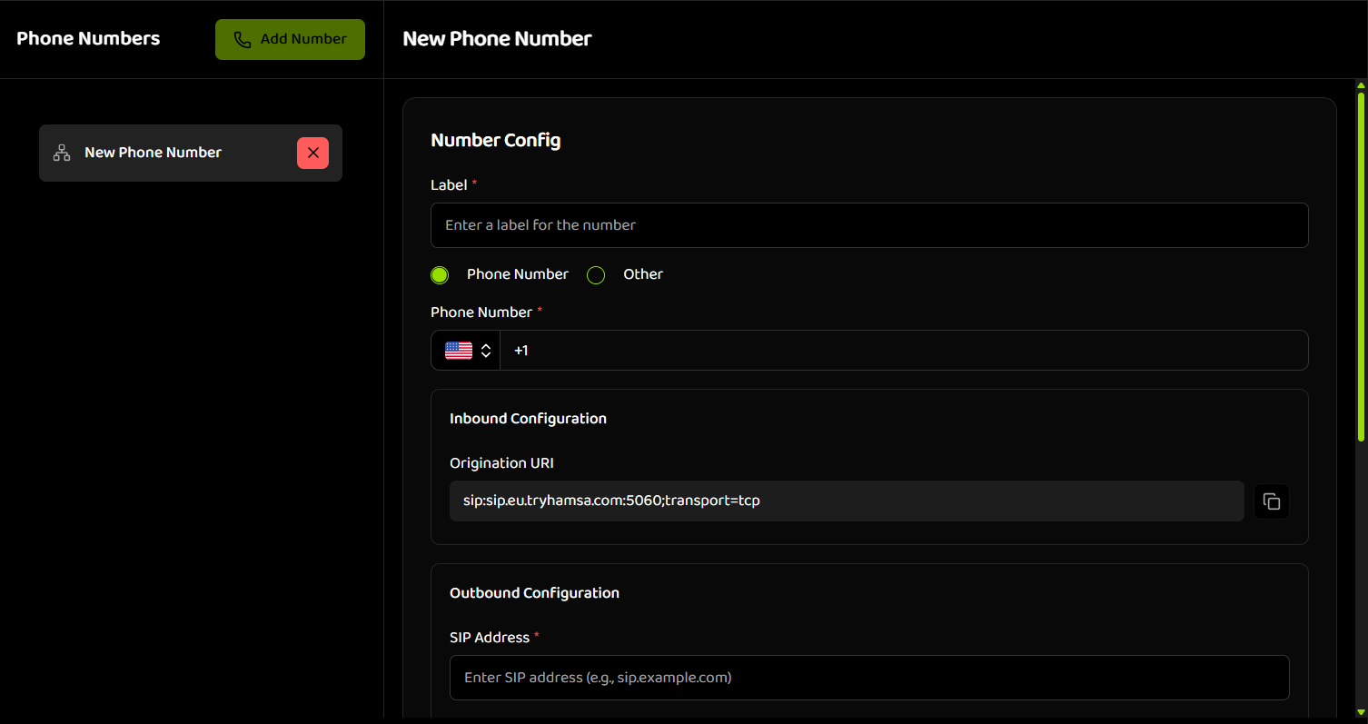 New Phone Number form with Number Config, Inbound and Outbound Configuration