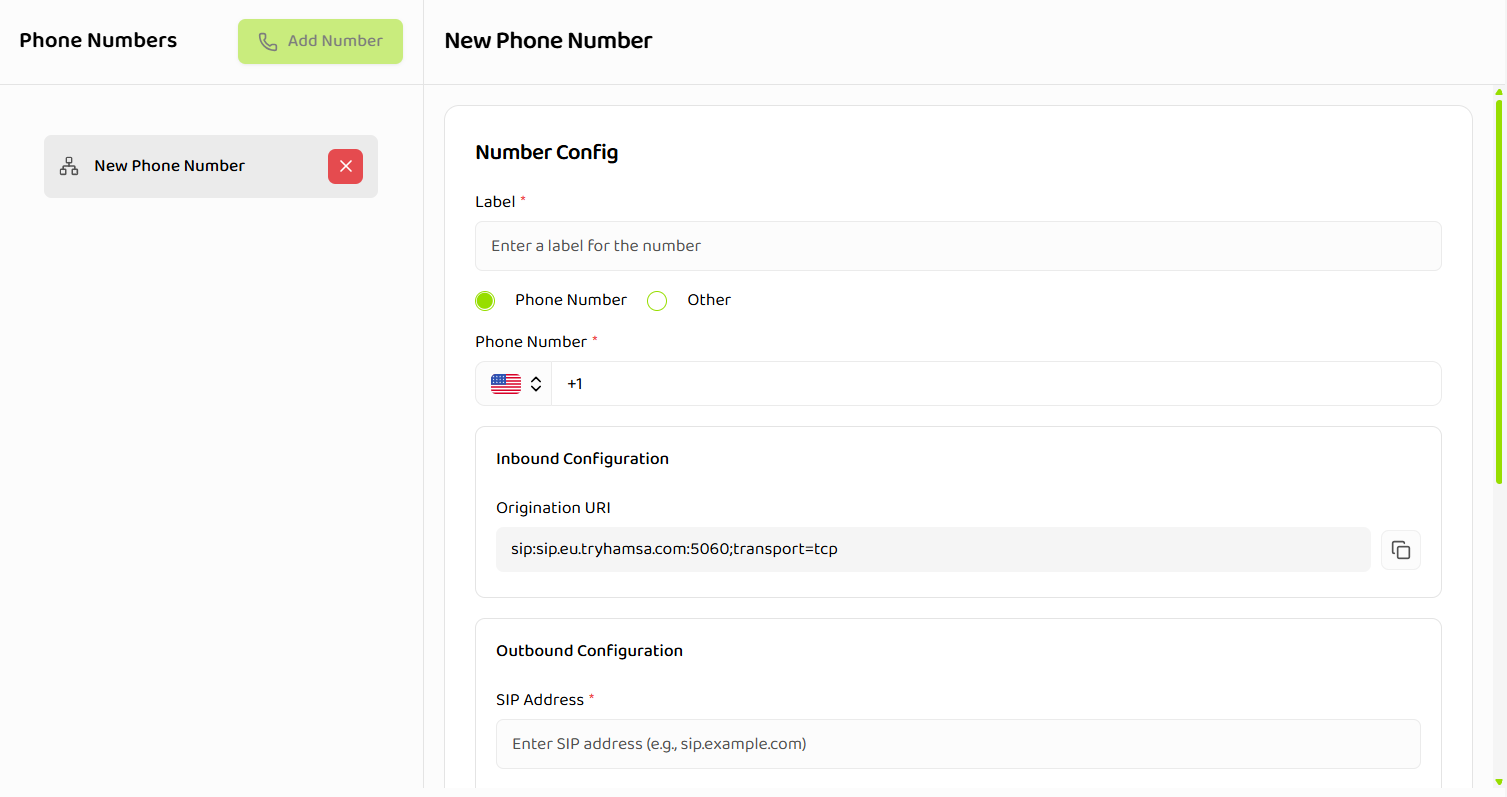 New Phone Number form with Number Config, Inbound and Outbound Configuration