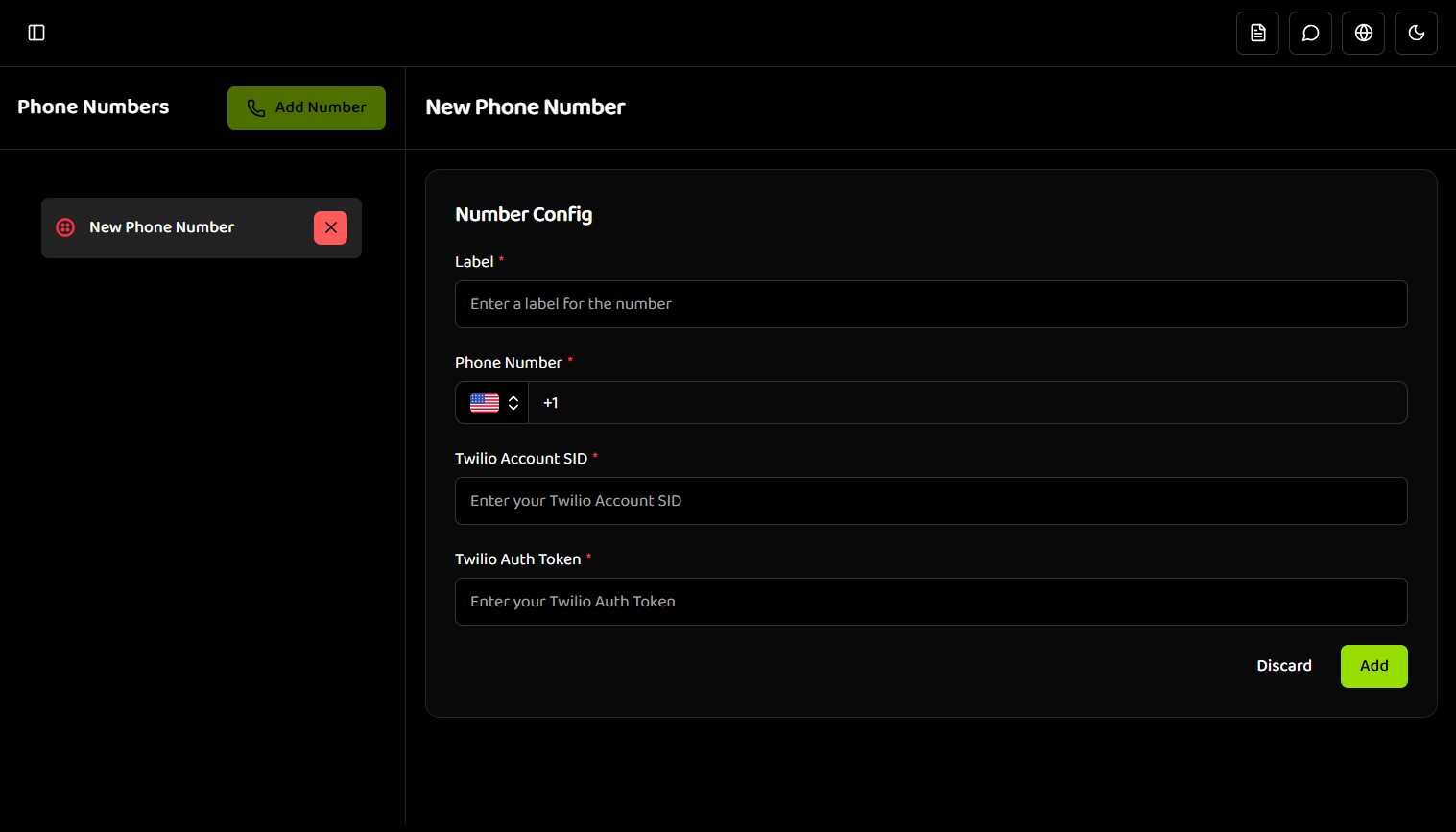 Phone Numbers section with Add Twilio Number