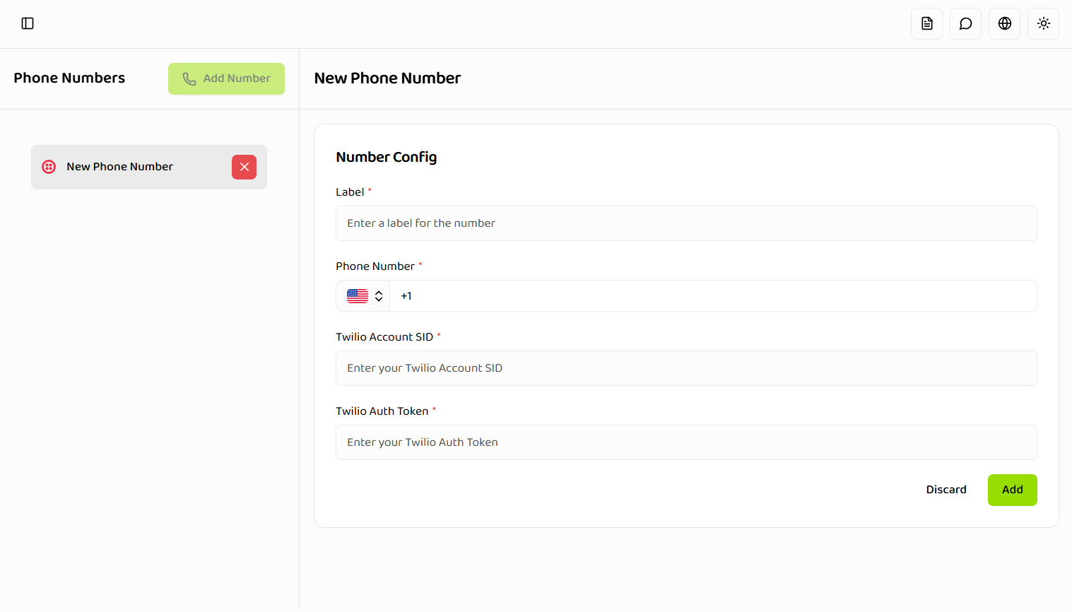 Phone Numbers section with Add Twilio Number details