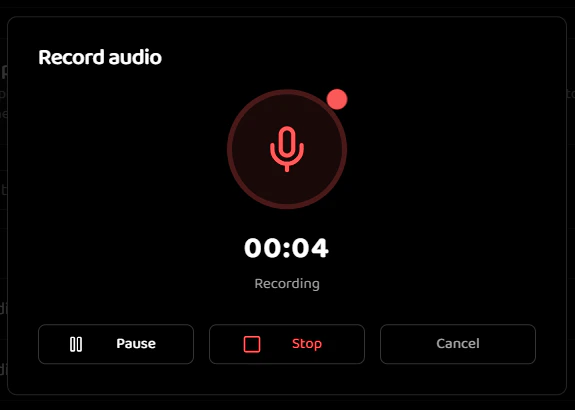 During recording interface showing pause, stop, and cancel buttons