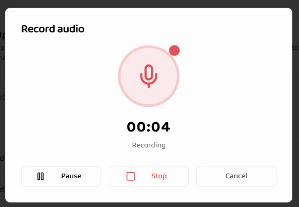 During recording interface showing pause, stop, and cancel buttons