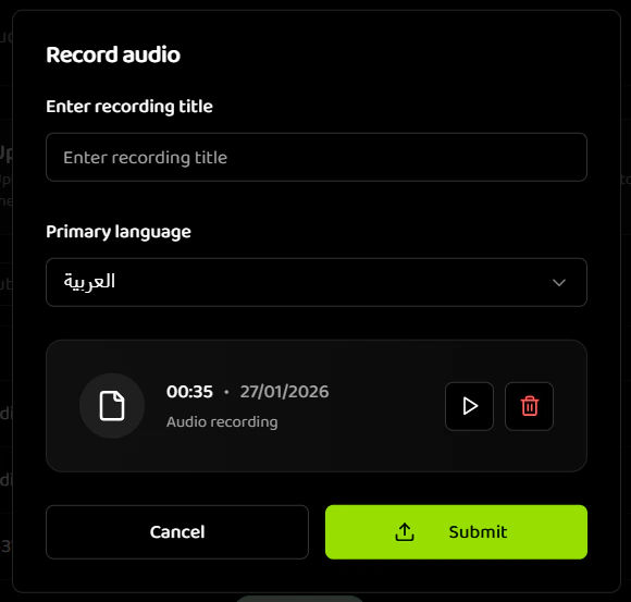 Review recording interface with playback, delete options, and job details