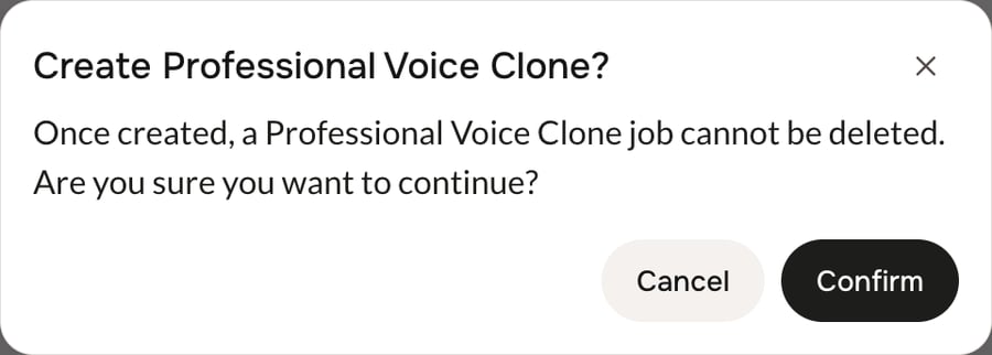 The Create Professional Voice Clone confirmation dialog