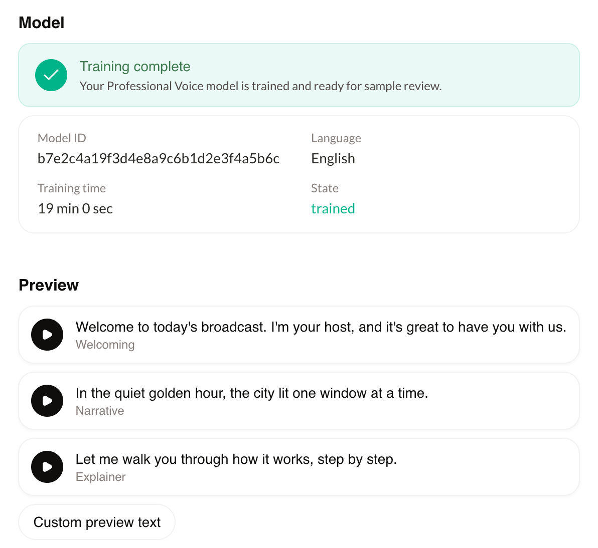 The Training complete banner and the Preview section with three samples and the Custom preview text button