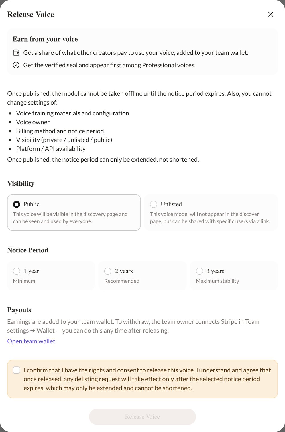 The Release Voice dialog with Earn from your voice, the locked settings, Visibility, Notice Period, Payouts, and the confirmation box