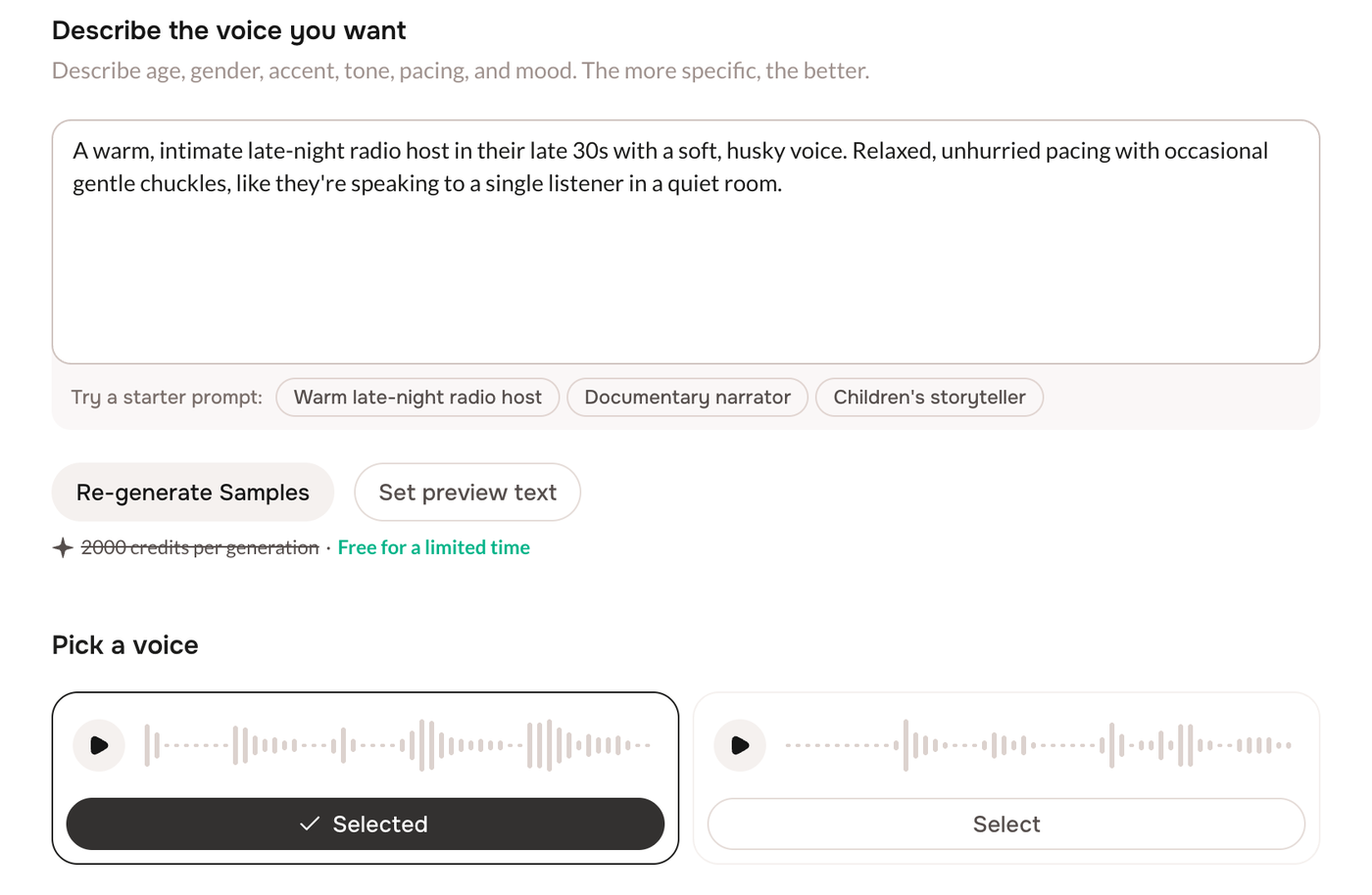 Two generated samples under Pick a voice, with the first one selected