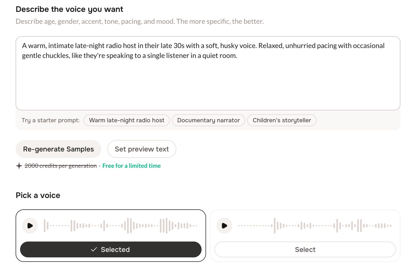 Two generated samples under Pick a voice, with the first one selected