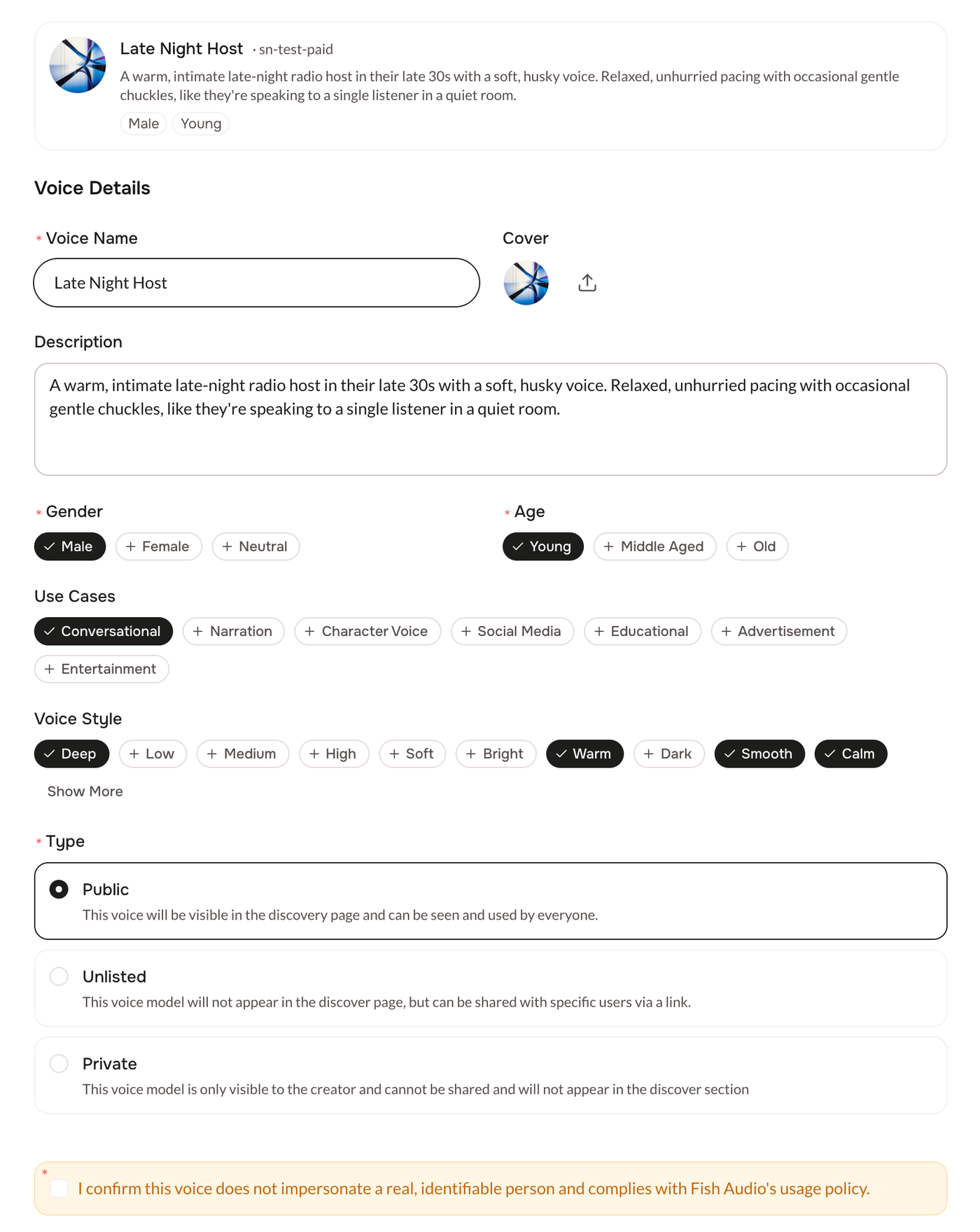 The Voice Details form with name, cover, description, gender, age, use cases, voice style, type, and the confirmation box