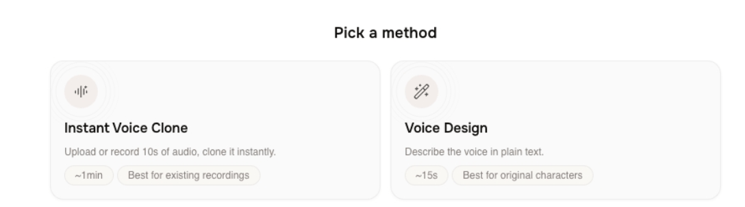 The Create Voice hub with the Instant Voice Clone and Voice Design methods